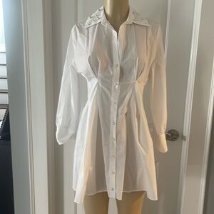 Zara Women Long Sleeves Pearl Appliqué Mini Poplin Dress White Size S NWT